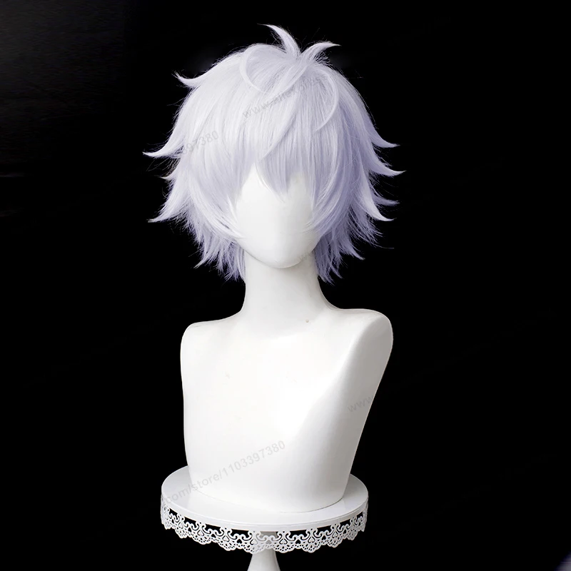 Peluca de Cosplay de Anime Gojo Satoru, cabello morado plateado, pelucas sintéticas resistentes al calor, 32cm