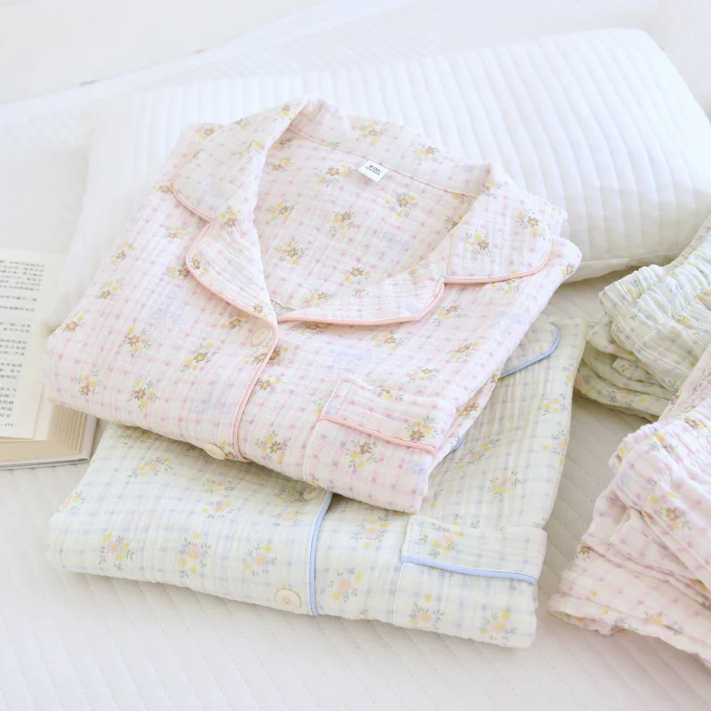 2-Piece Women's Pajama Set, Pastoral Floral Print Sleepwear, Double Gauze 100% Cotton Long Sleeve & Relaxed Fit, Lightweight & B