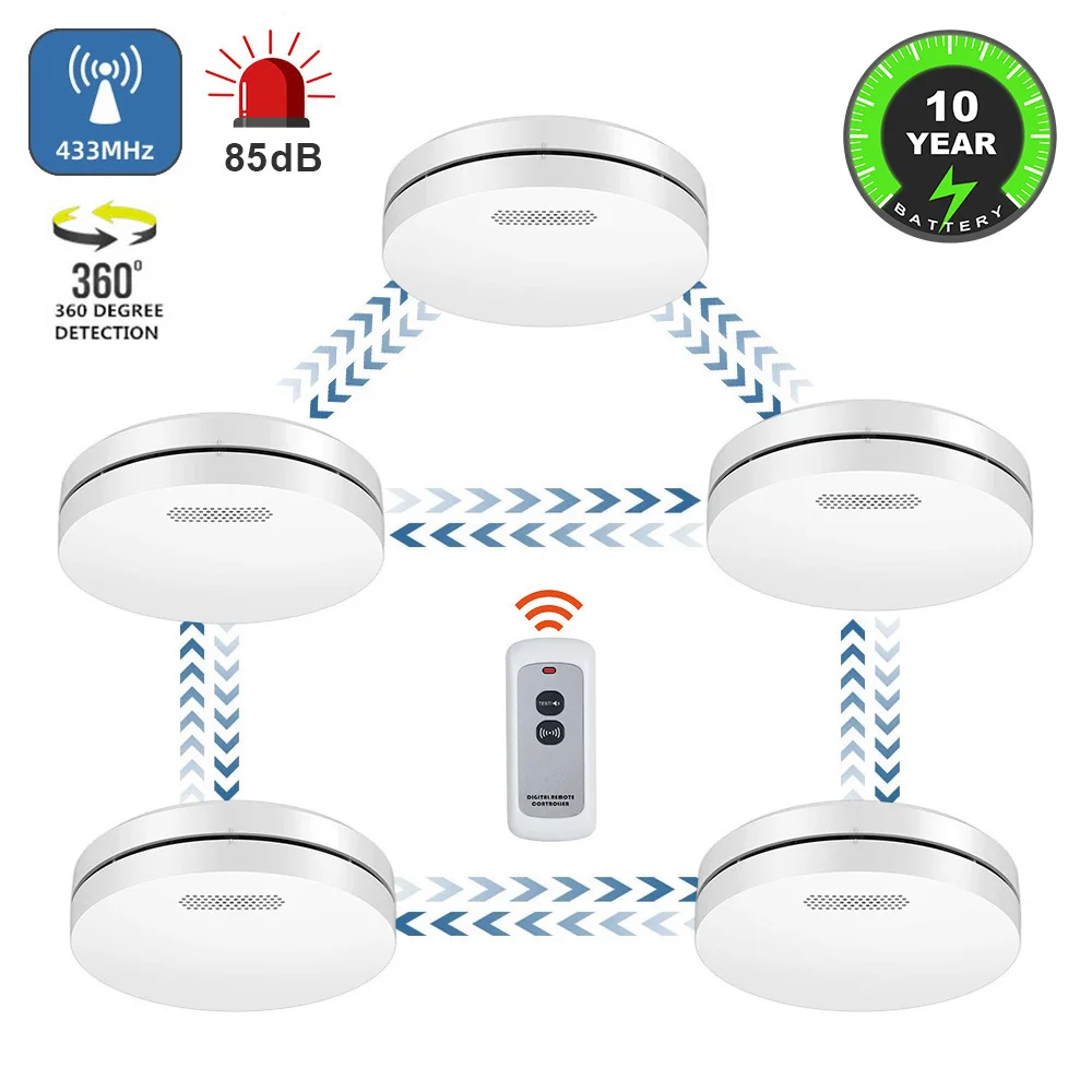 sem fio interconectado detector de fumaca controle remoto conectar sensor alarme de som de incendio multi dispositivo built in 10 anos bateria 433mhz 01