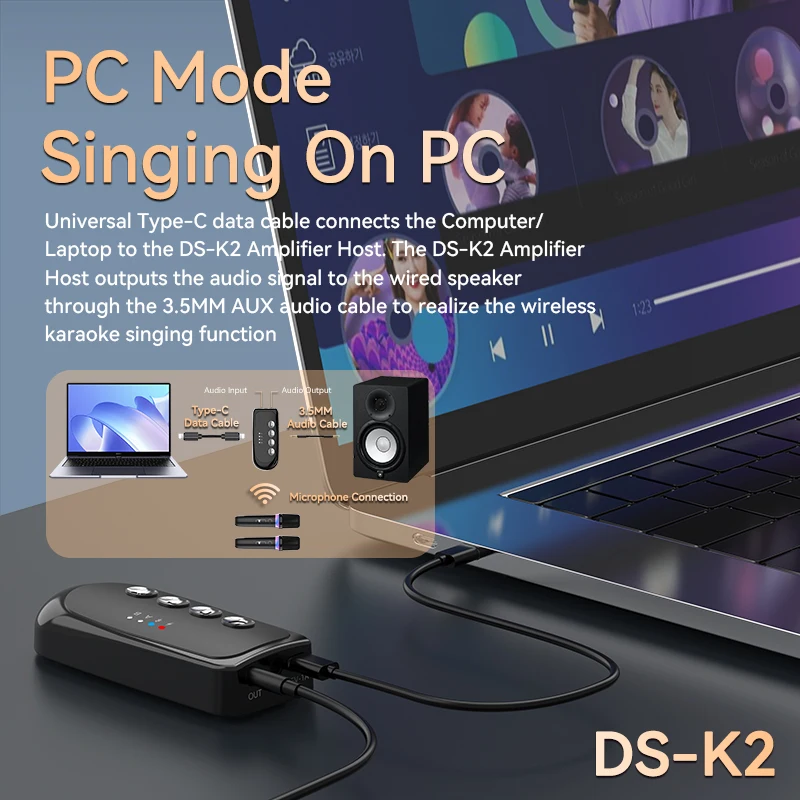 VAORLO NEW DS-K2 Karaoke Companion Bluetooth 5.3 Wireless Moving-Coil Microphone RGB Light KTV DSP Mixer System 3.5MM AUX Type-C