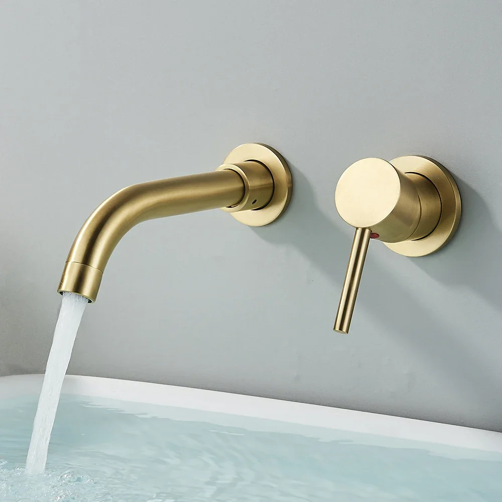 

Bathroom Basin Faucet Brushed Golden Concealed Wall Mounted Faucet Tap 360 Rotation Single Handle Hot Cold Water Bath Mixer Tap