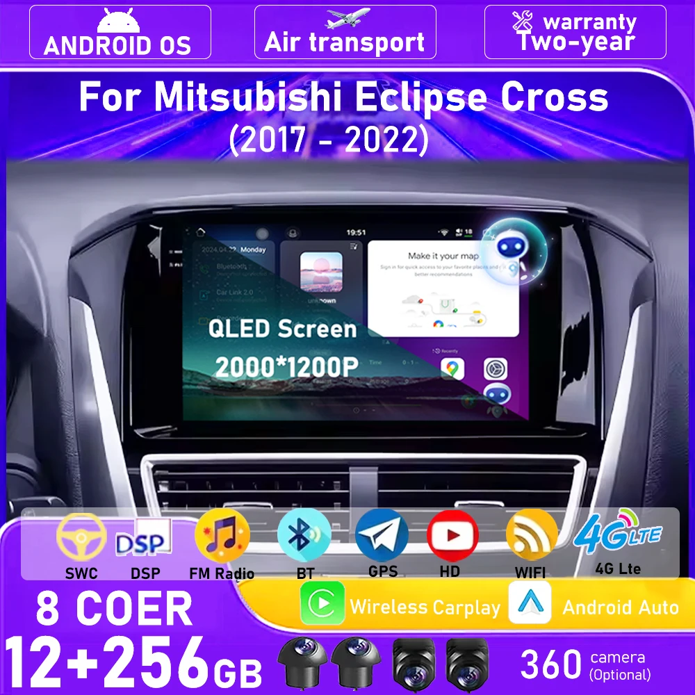 Radio Multimedia para Auto con Reproductor de Video, GPS y Navegación para Mitsubishi Eclipse Cross 2017 - 2022, Android 16, Auto Carplay, Bluetooth, 9''
