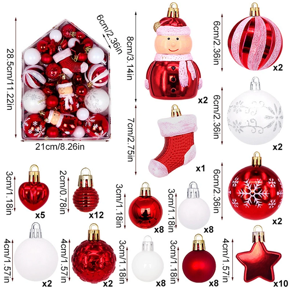 72pcs Christmas Balls, Snowman Car Santa Claus Decor Ornament Balls Shatterproof Plastic Xmas Tree Hanging Baubles Decorations