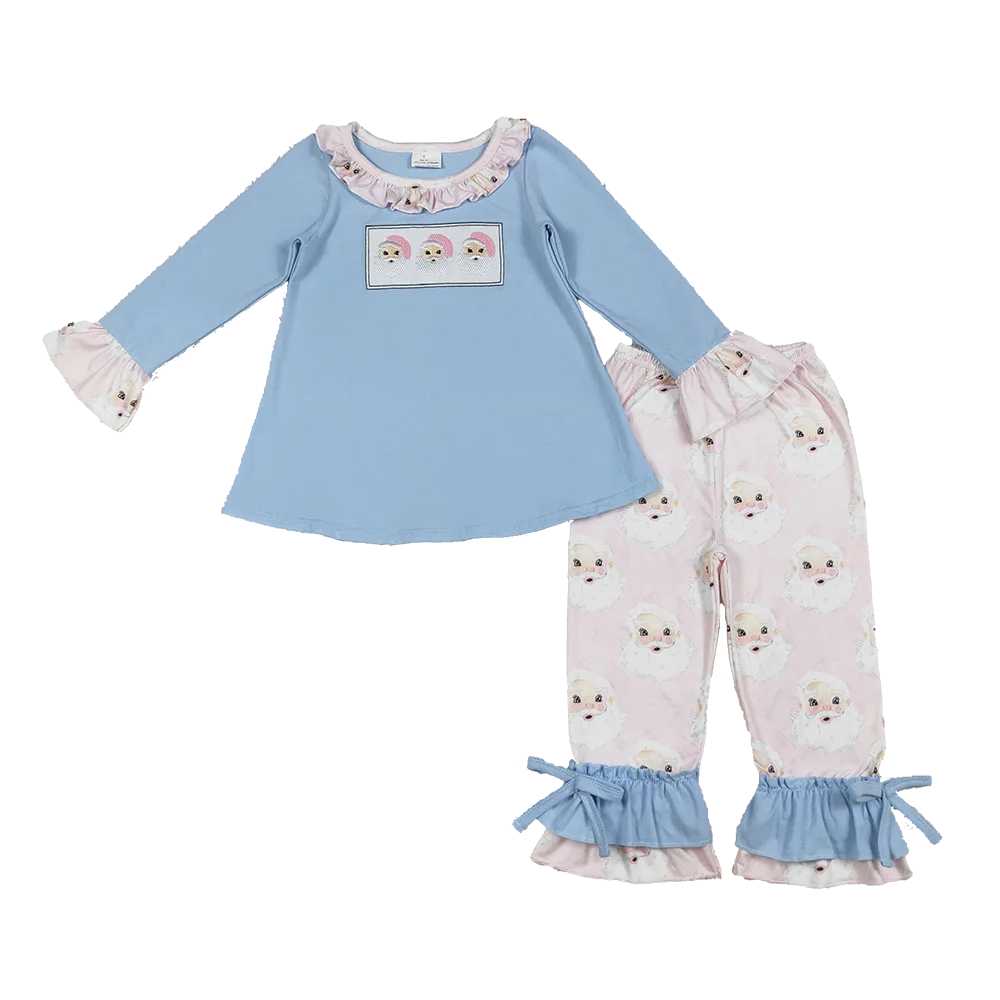 9.12 Baby Girls Winter Clothes Embroidery Baby Girls Christmas Blue Santas Tunic Ruffle Pants Clothes Sets