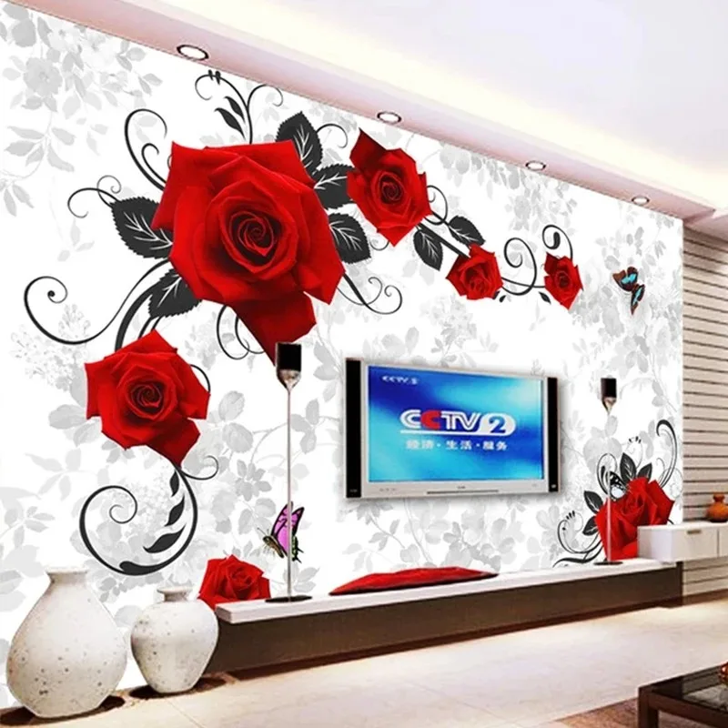 Custom 3D Stereo Red Rose Flowers Wallpaper Living Room TV Sofa Wedding House Romantic Background Wall Painting Papel De Parede