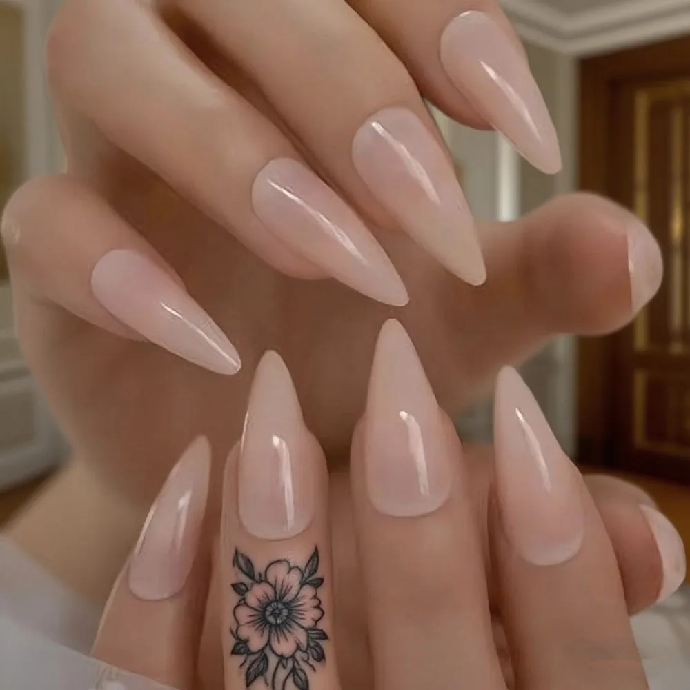 

48Pcs Glossy Fake Nails Press Ons With Glue Nude Woman Acrylic Long Stiletto False Nails DIY Finger Tips Manicure Kits