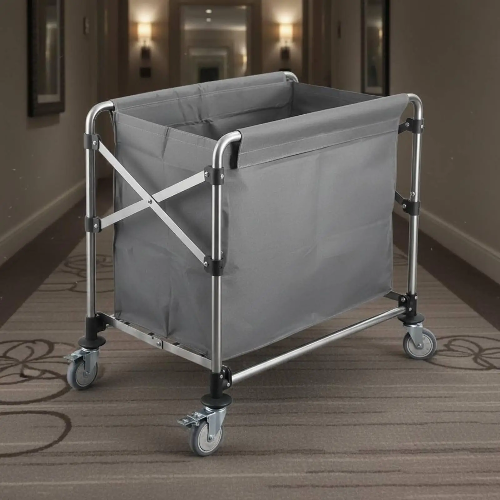 Space Saving Housekeeping Trolley Stainless Steel Folding Cart for Large Laundry Basket with Wheels