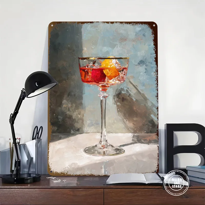 Elegant Cocktail Painting With Fruit and Ice Metal Poster Custom Wall Art Retro Vintage Tinplate Signs for Man Cave Office Decor