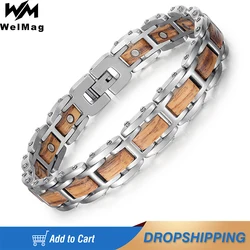 Welmag  Men Women Bracelet Homme Natural Wooden Stainless Steel Bracelet Healthy Bio Energy Healing Magnetic Bracelet