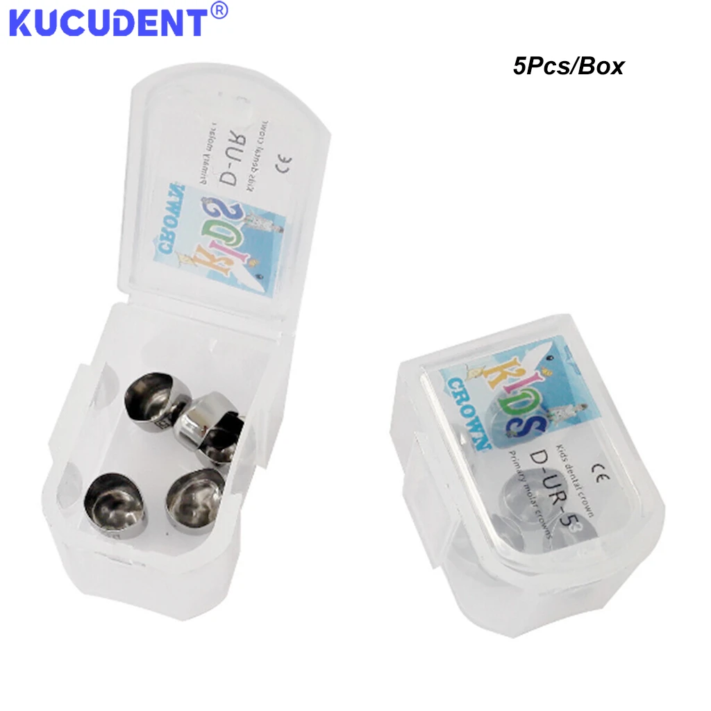 KUCUDENT5PCS تاج الأسنان للأطفال إعادة ملء المولي الأساسي الفولاذ المقاوم للصدأ التيجان مسبقة التشكيل UL-UR-LL-LR أسنان مولار كاملة الحجم للأطفال