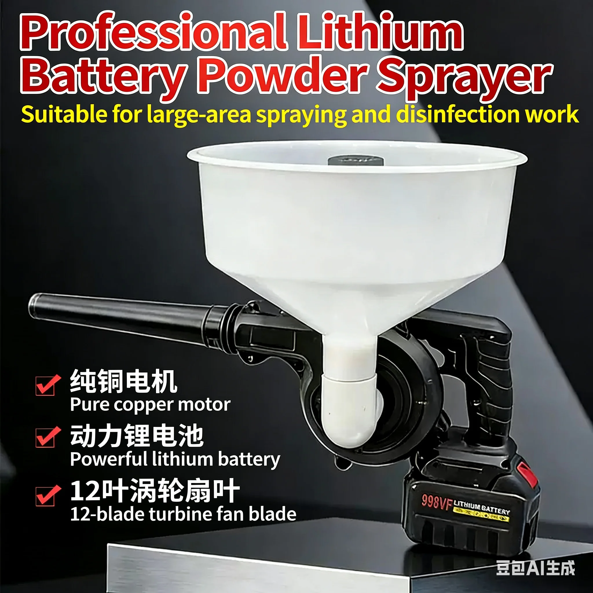 Electric Powder Duster Dry Powder Sprayer for Greenhouses House Livestock Farm Disinfectant Lime Sprayer（without with battery）