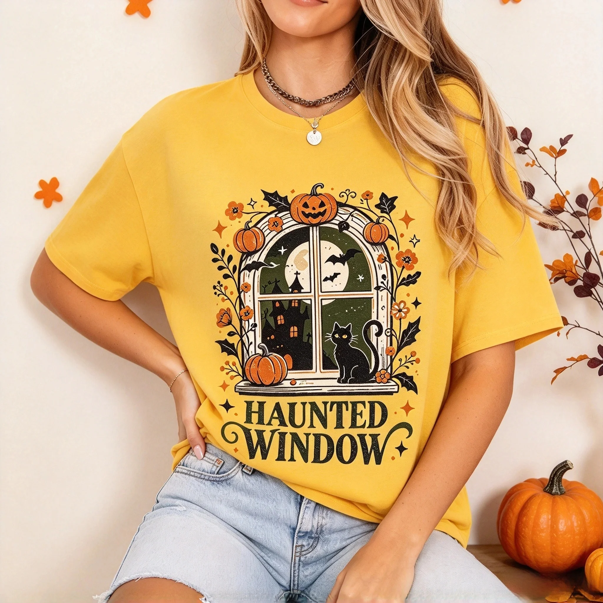 Women Haunted Window Halloween Black Cat Pumpkin Graphic T Shirt Spooky Floral Casual Short Sleeve Tee