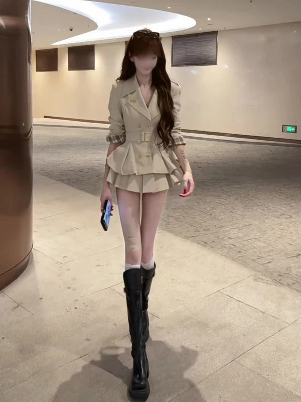 Autumn Fashionable Lady Style Coat Set Skirt Retro Suit Collar Waist Inward High Waist Pleated Skirt Two Piece Set Women