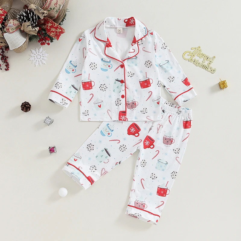 

Toddlers Christmas Pajamas Set Cute Print Long Sleeve Button Down Lapel Shirt and Elastic Waist Pants Loungewear Sleepwear