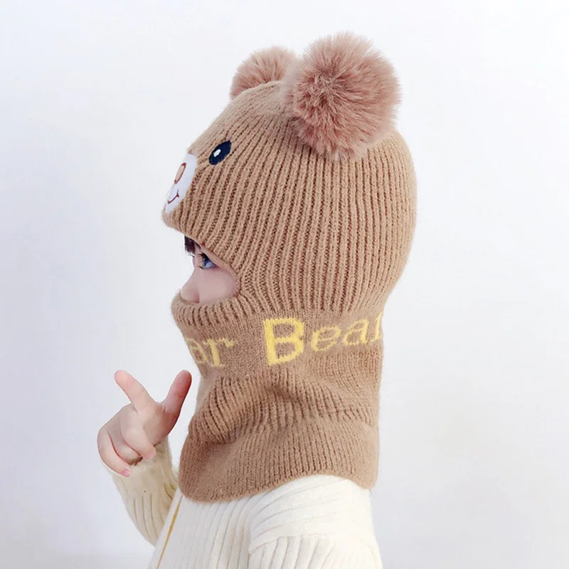 Bear Winter Baby Bonnet Hat Scarf One-Piece Pompom Kids Knitted Hat for Girls Boys Warm Ears Neck Children Cap for Skiing 2-6Y