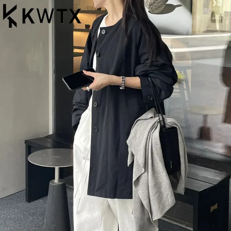 

KWTX Designer 2025 Black Casual Blazer Women Round Neck Belted Elegant Lightweight Premium Spring Summer Fashion Jacket
