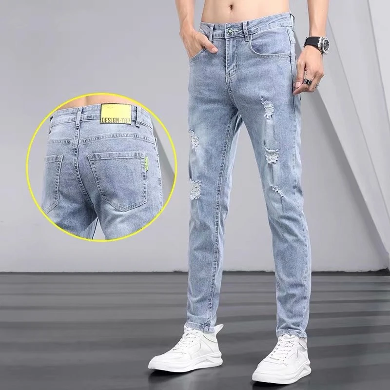 Summer Light Color Ripped Jeans for Men for Stretch Slim Straight Summer Thin Casual Long Trousers for Men Korean Style