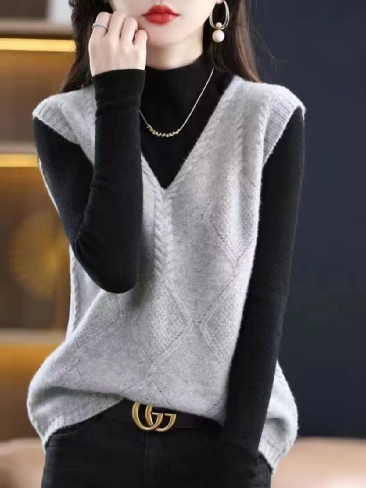 Women's Knitted Vest Top Bottoming Sweater Autumn Winter Outerwear V-Neck Warm Loose Fit  Color Fashion Commute Style