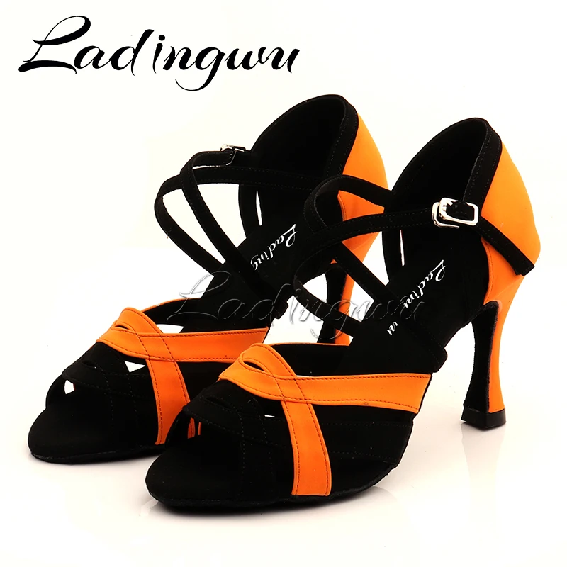 Ladingwu Salsa Jazz Ballroom Latin Dance Orange Shoes For Dancing Women Social Strip High Heels Contrasting Colors Satin Sandals