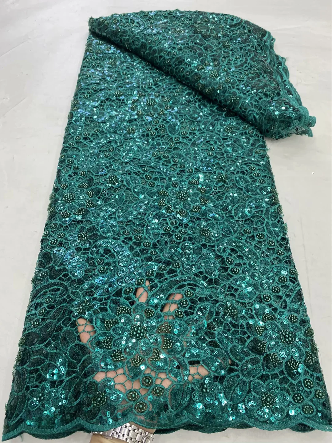 

(5yards/pc) high quality teal green cord lace fabric beaded African wedding party lace with sequins embroidery for dress WDP003