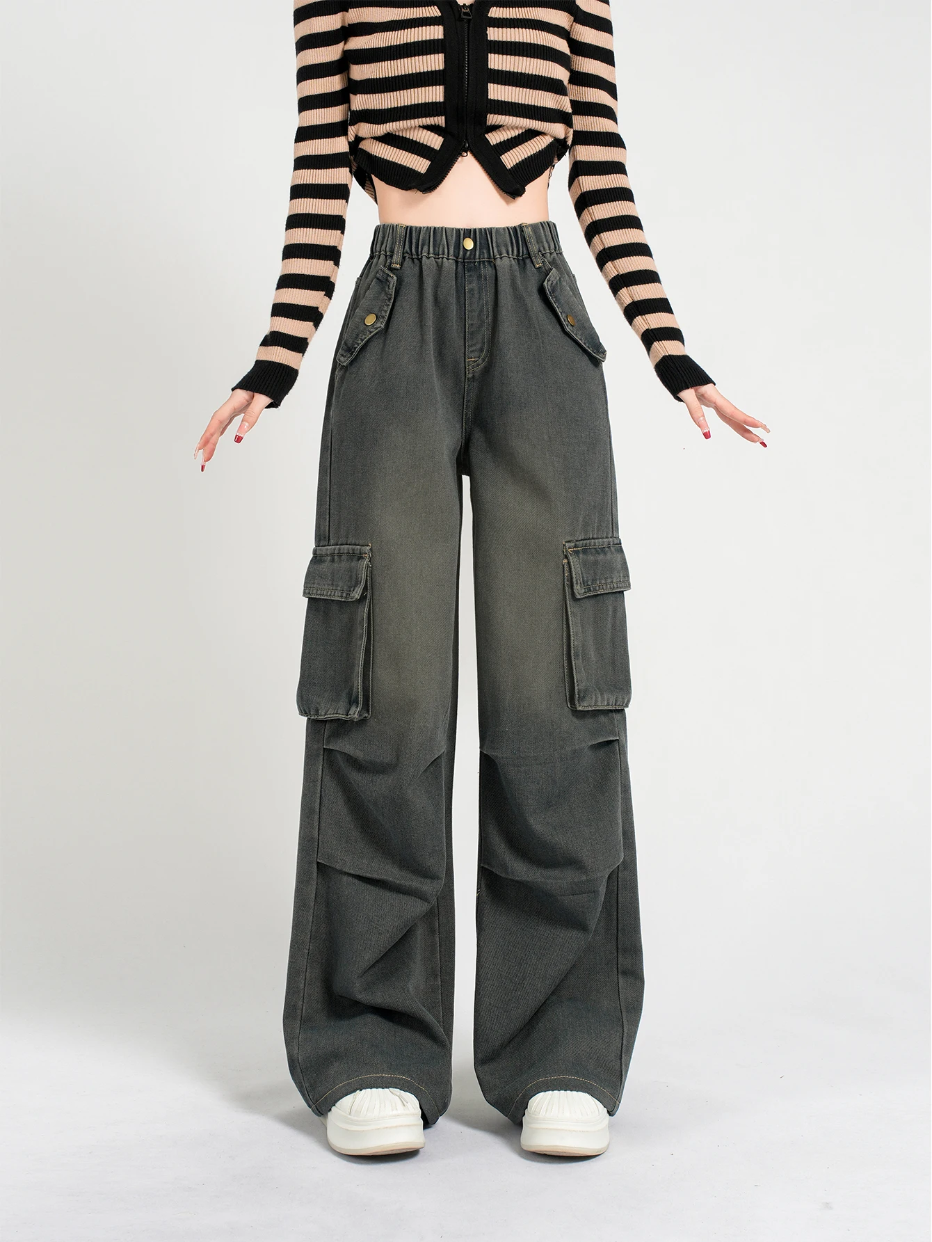 

Teenage Girls Straight Leg Jeans Loose Wide Leg Casual Washed Retro School Style Children's Adolescent Denim Trousers