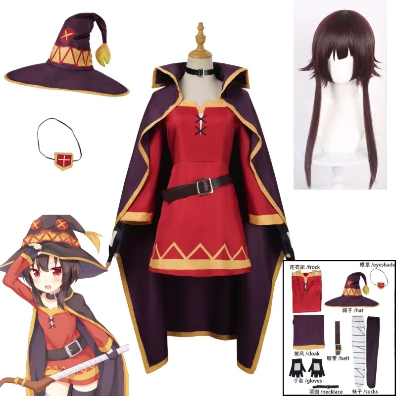 

Anime Megumin Cosplay Costume Wig Red Dress Sorceress Full Sets Halloween Christmas Newyear Role Play Uniform for Women