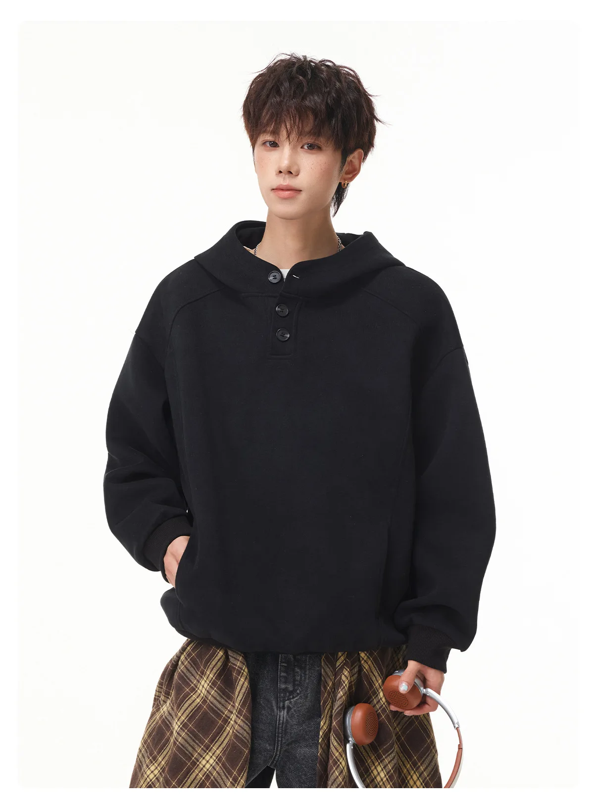 Autumn Winter New Button Half High Neck Hoodie for Men Korean Fashion Harajuku Simple Solid Men's Casual Loose Hooded Sweatshirt
