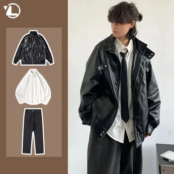 ชุด3ชิ้นย้อนยุคแจ็คเก็ตหนัง PU สไตล์เกาหลีทรงหลวมสำหรับผู้ชายผู้หญิงกางเกงยีนส์ทรงตรงเสื้อแขนยาวสีขาวชุดสูทลำลองแนวสตรีทสูง
