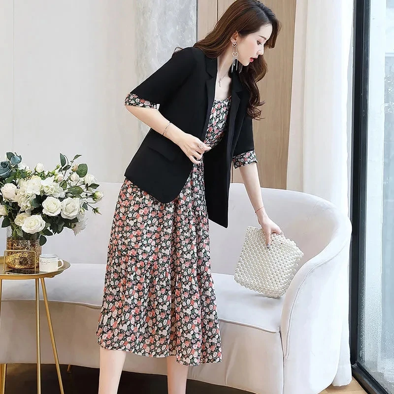 Office Lady Print Midi Dresses 2 Piece Set Fashion Blazer Coats + Chiffon Tank Vestidos Elegant Conjuntos Casual Korean Suit New