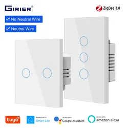 GIRIER Tuya ZigBee Smart Light Switch EU US, Touch Panel Wall Switch 1 2 3 Gang, Works with Alexa Hey Google, Wiring Optional