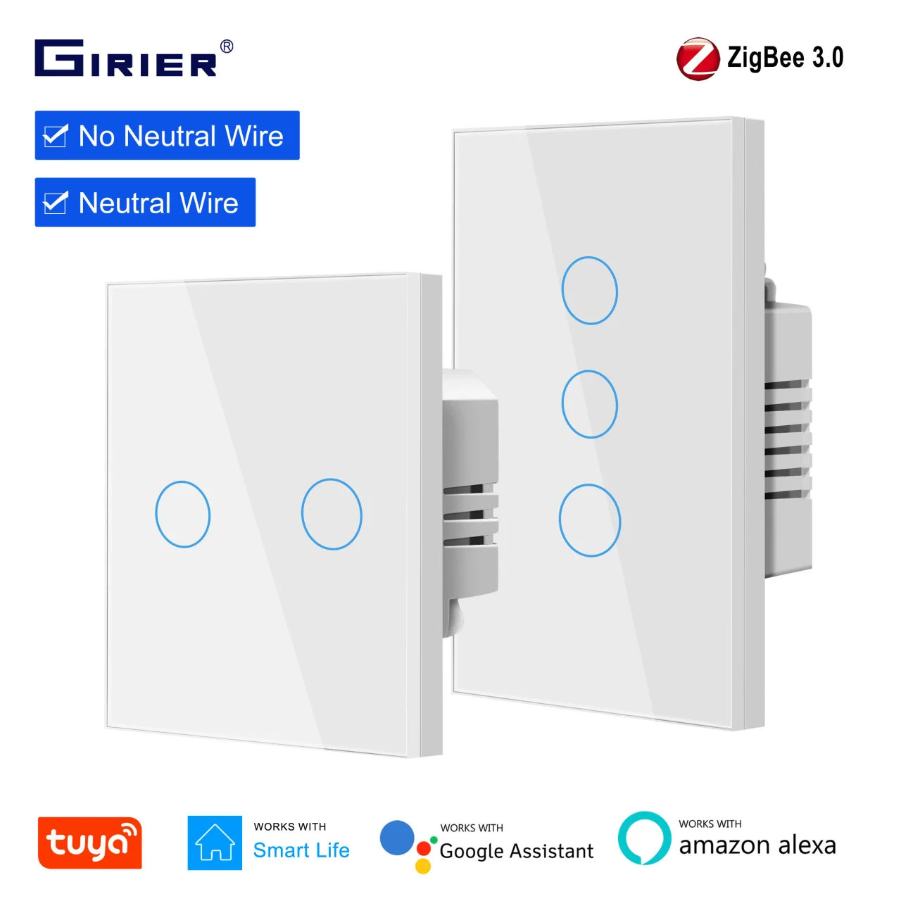 GIRIER Tuya ZigBee Smart Light Switch EU US, Touch Panel Wall Switch 1 2 3 Gang, Works with Alexa Hey Google, Wiring Optional