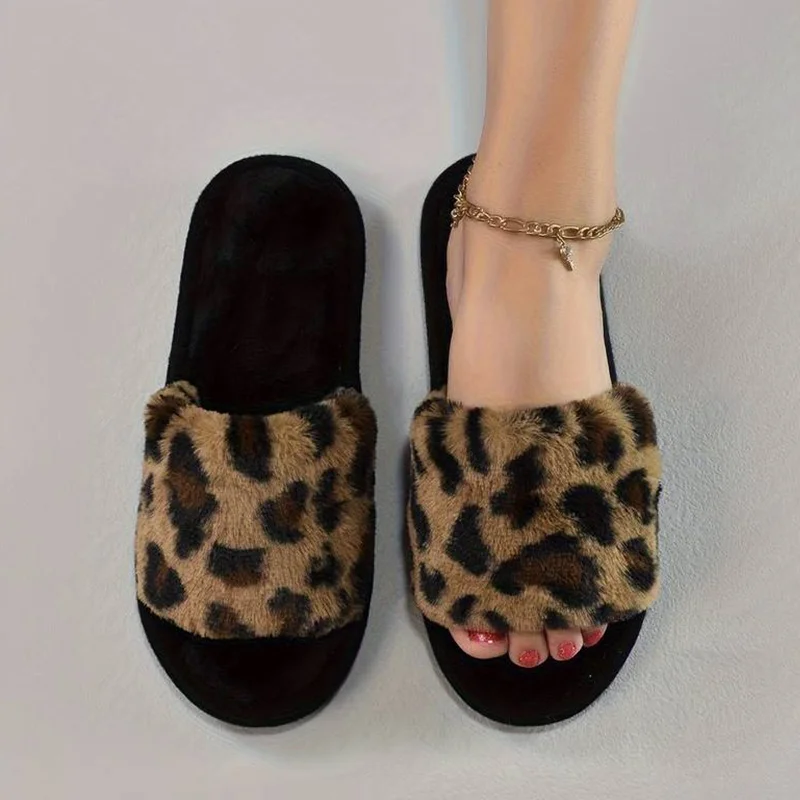 Leopard Print Plush Slippers For Women, Cozy & Warm Open Toe Soft Sole Shoes, Comfy Indoor Floor Fuzzy Slippers