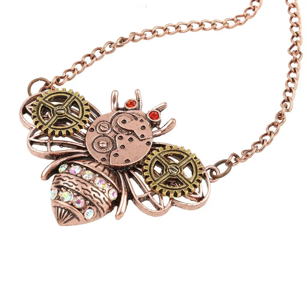 Retro Steampunk Gear Bee Pendant Chain Necklace Antique Copper Vintage Jewelry Gothic Unisex Accessories