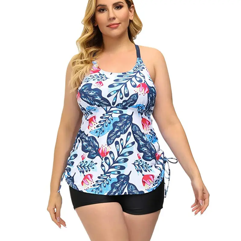 Tankini para mujer, traje de baño con estampado de barriga, talla grande, 2 piezas, cintura alta, deportivo