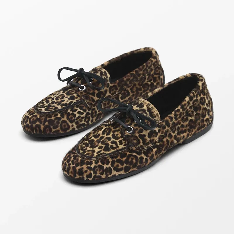 

Fashion Loafers For Women Genuine Leather Round Toed Lace Up Flat Platform Leopard Print Casual Stylish Walking Shoes For Spring
