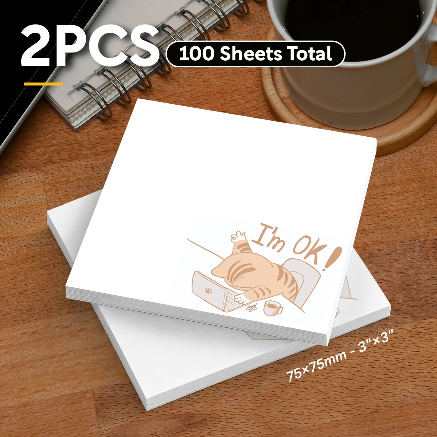 2pcs Funny Cat Meme Sticky Notes, “I’m OK!” Self Deprecating Humor Self Stick Memo Pads, 100 Sheets Total, Cute Kawaii Reaction