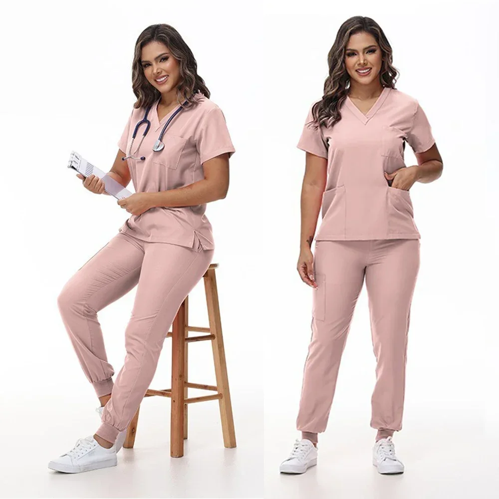 Stretch Scrub Top e Calças Conjunto, Uniformes Médicos, Uniforme de enfermeira, Médico Cirurgia Macacão, Salão de beleza Workwear, Novo