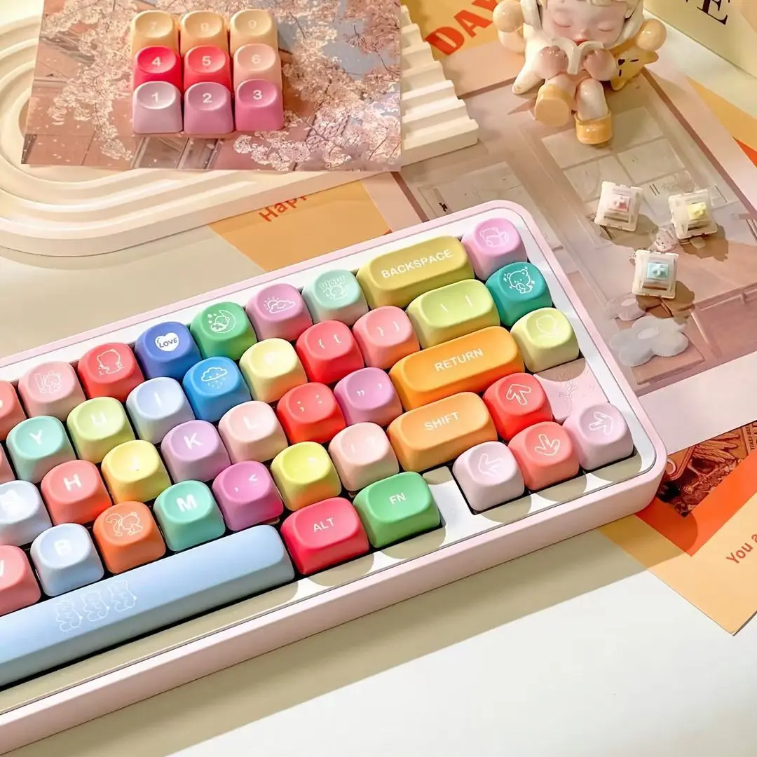

Колпачки для клавиш Bear Candy Dye Sublimation PBT, 129 клавиш, профиль MOA, корейские, русские, немецкие, изготовленные на заказ колпачки для клавиш Kawaii для переключателей MX, клавиатуры