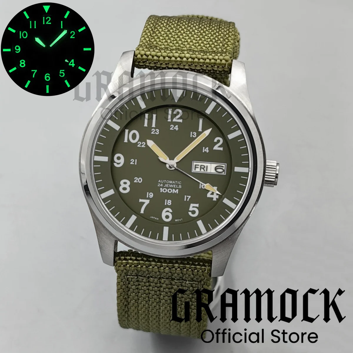 

Gramock 42 мм ретро NH36A механические полированные мужские часы светящийся зеленый циферблат нейлоновый ремешок сапфировый водонепроницаемый полевой Reloj Hombre