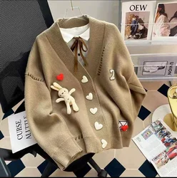 Korean Version Cartoon Letter Knitted Sweater 2024 Autumn and Winter New Lazy Style Women's Cardigan V-neck Wool Sweater Jacket