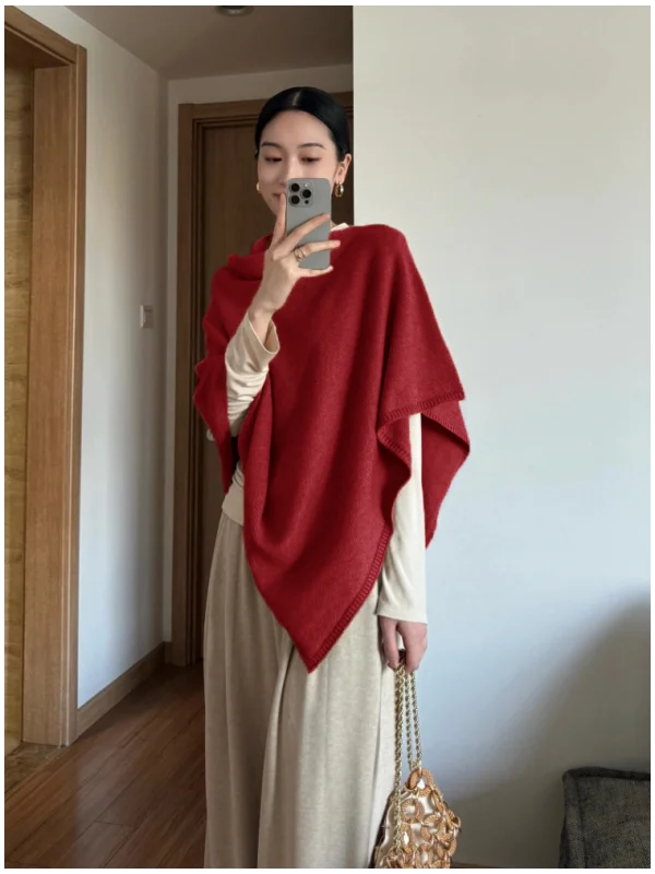 

Red Knitted Cowl Neck Scarf Winter Thick Warm Shawl Cape Style Half High Collar Neck Warmer Korean Style Pure Color Women's A...
