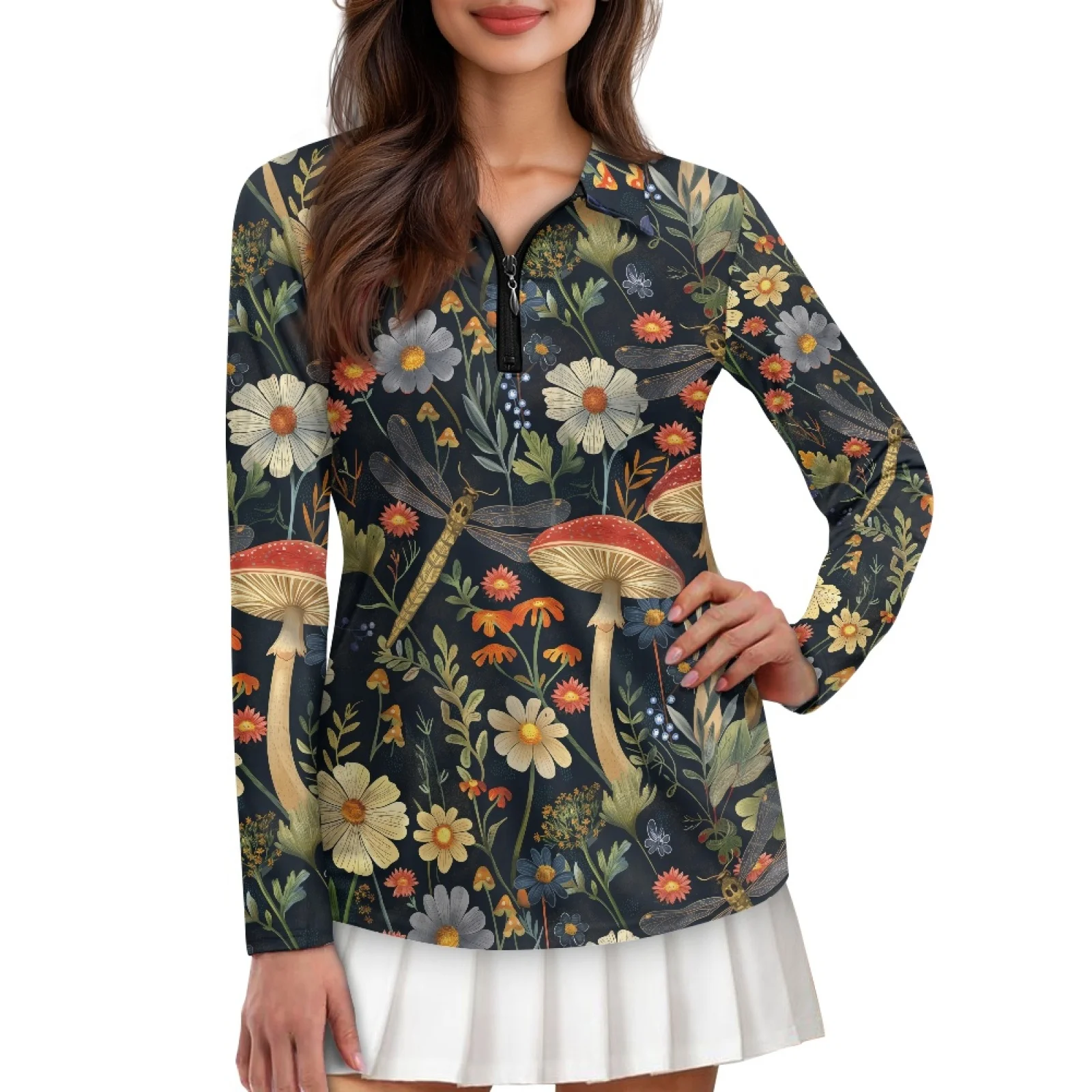 PENSTROLL Floral Womens Long Sleeve Golf Clothes Soft Athletic Polo Shirts for Tennis Training