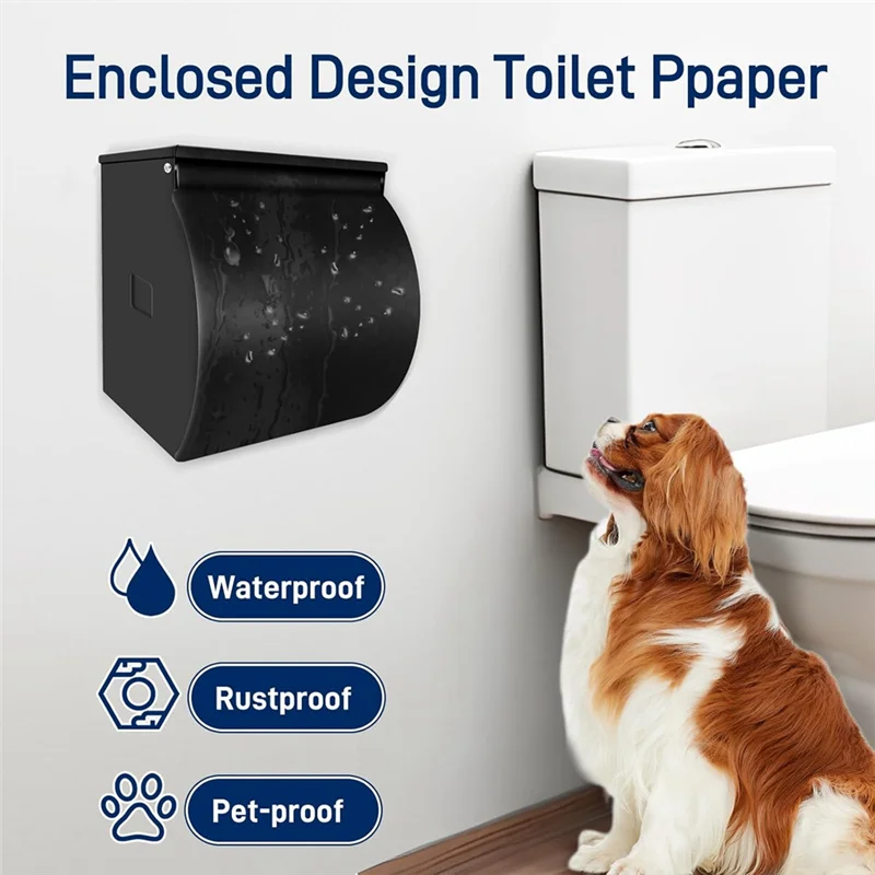A26F-Soporte de papel higiénico autoadhesivo de acero inoxidable negro con estante, opción de montaje en pared, resistente al agua para baños