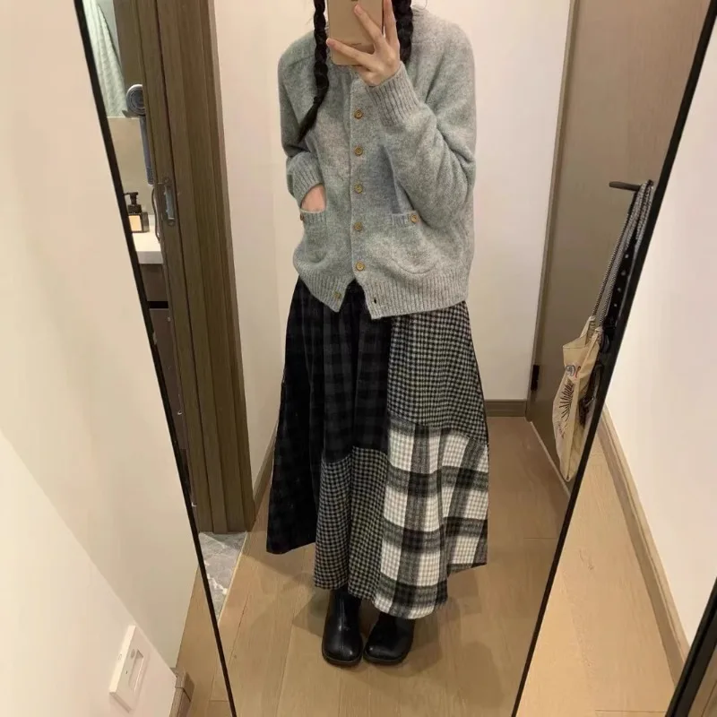 

Japanese Retro Woolen Skirt Irregular A Version Heavy Industry Plaid Stitching Overskirt High Waist Slim Dress in Winter