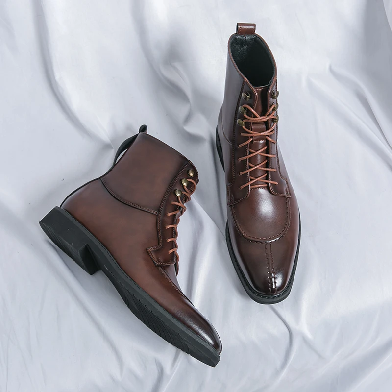 2026 New Men's Pointed Brown Black Chelsea Ankle Boots British Designer Botas Trend Casual High-tops Punk Rock Shoes