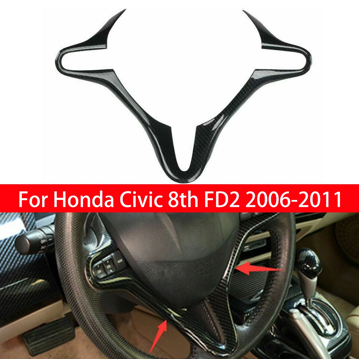 For Honda Civic 8th FD2 2006 2007 2008 2009 2010 2011 ABS Carbon Fiber Style Inner Car Steering Wheel Cover Trim Frame Decor