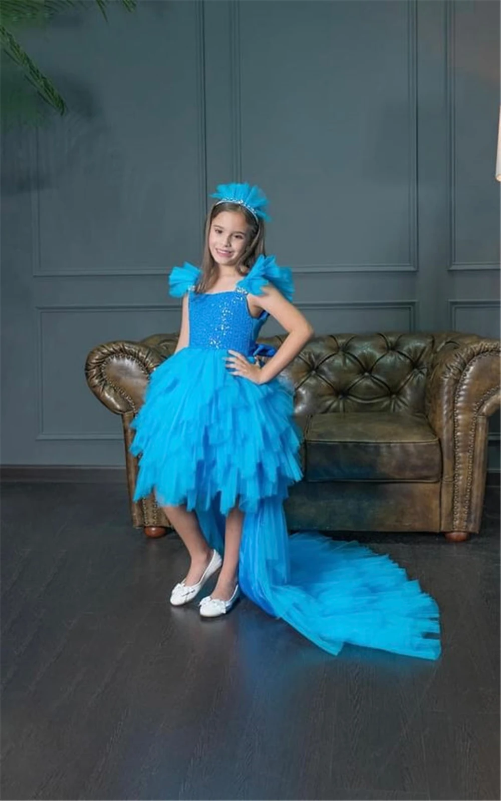 Fluffy Layered Flower Girls Dress Lovely Blue Applique Pearls Kids Birthday Wedding Party Events Pageant Tulle First Communion