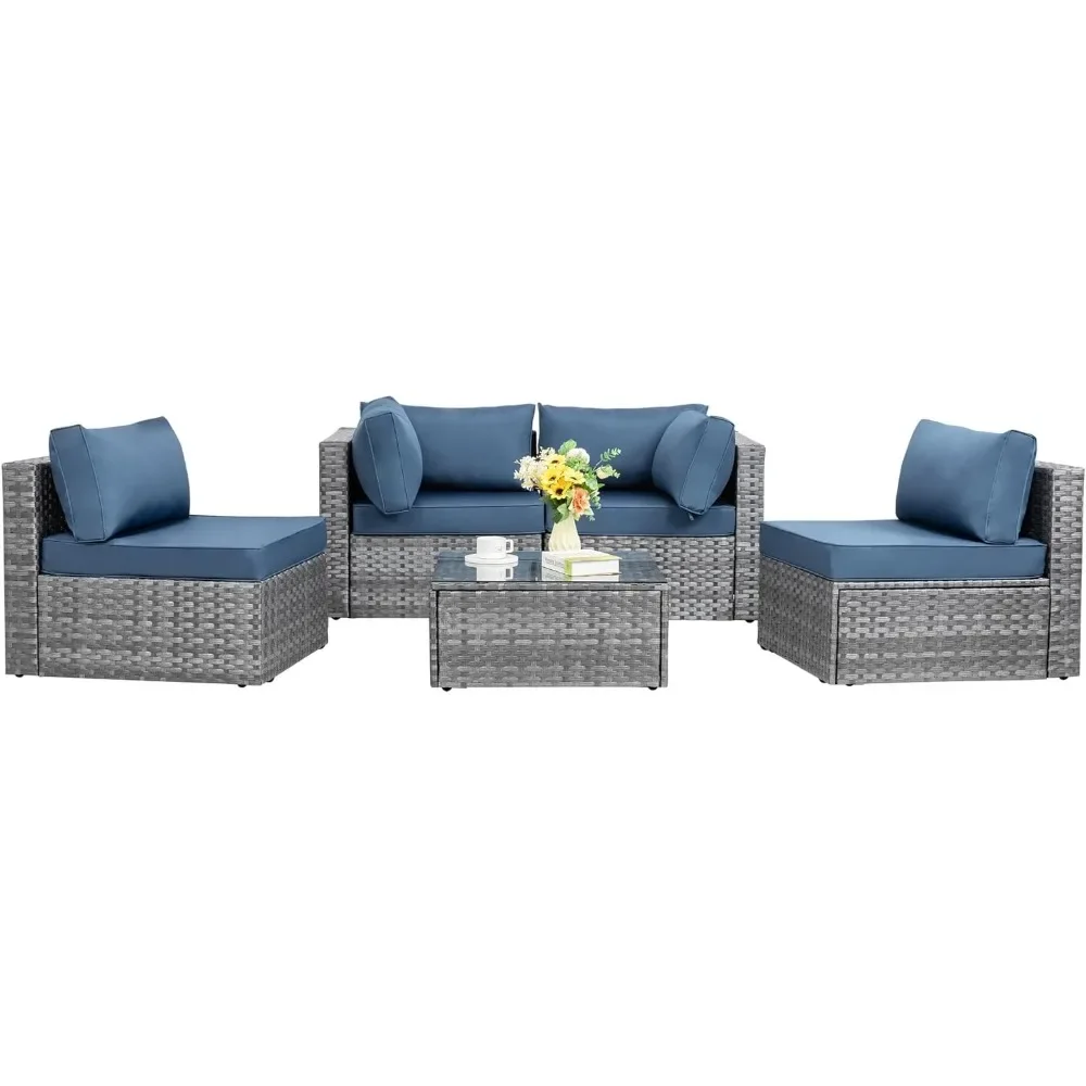 5 Pieces Outdoor Patio Sectional Sofa Couch, Silver Gray PE Wicker  Conversation Sets with Washable Cushions Garden Sofas