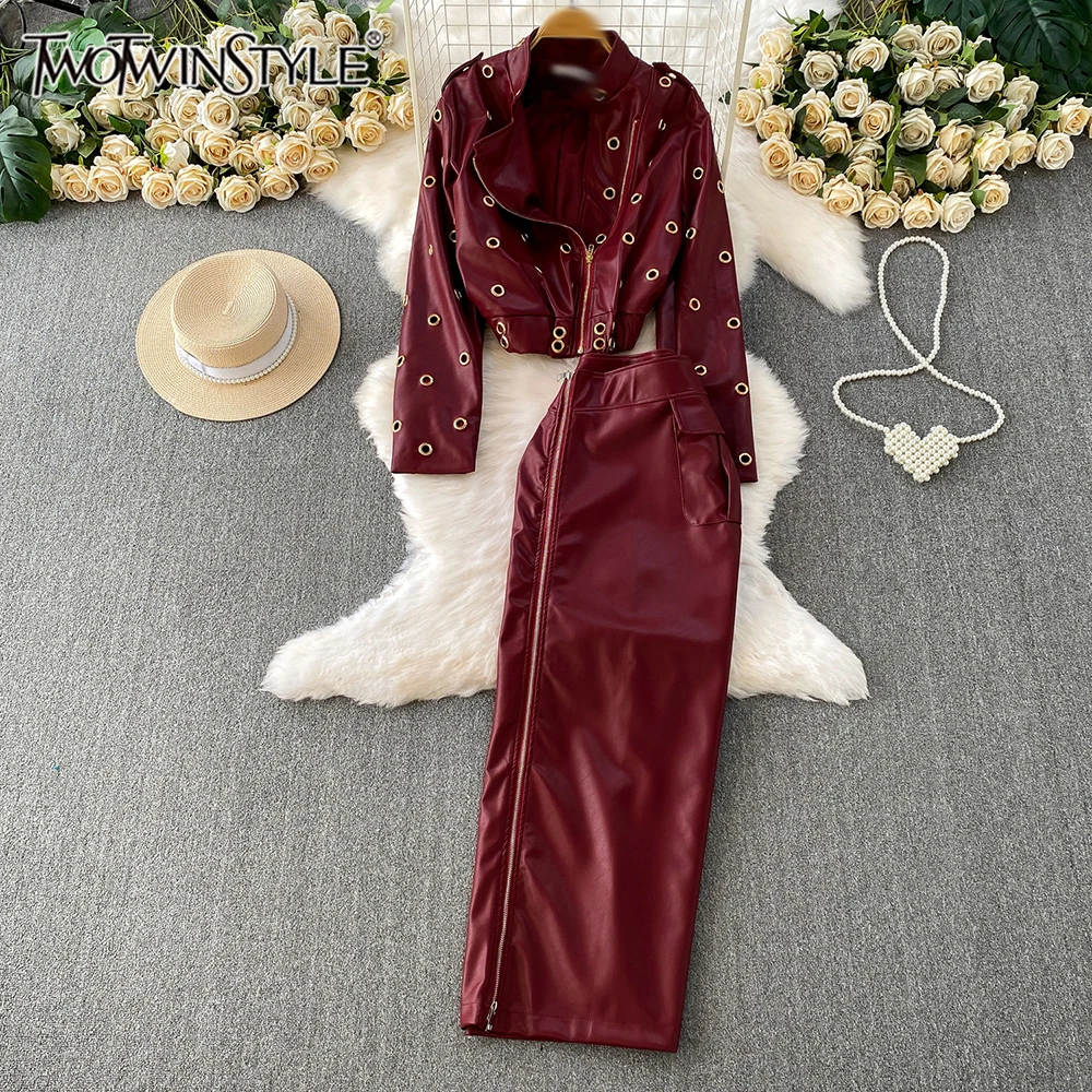 

TWOTWINSTYLE Light Luxury Two Piece Sets For Women Stand Collar Long Sleeve Top High Waist Skirt Chic Set Female Mew KSE549869