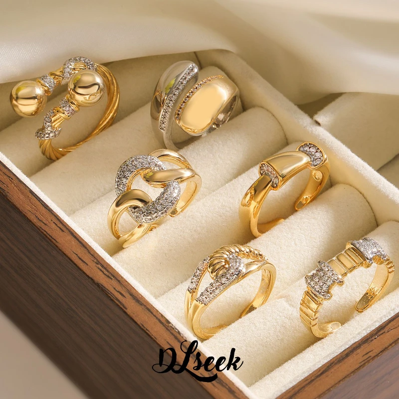 

DLseek Retro Trend Irregular Double Water Drop Inlaid Zircon Rings for Women Contrasting Color Stainless Steel Ring Jewelry Gift